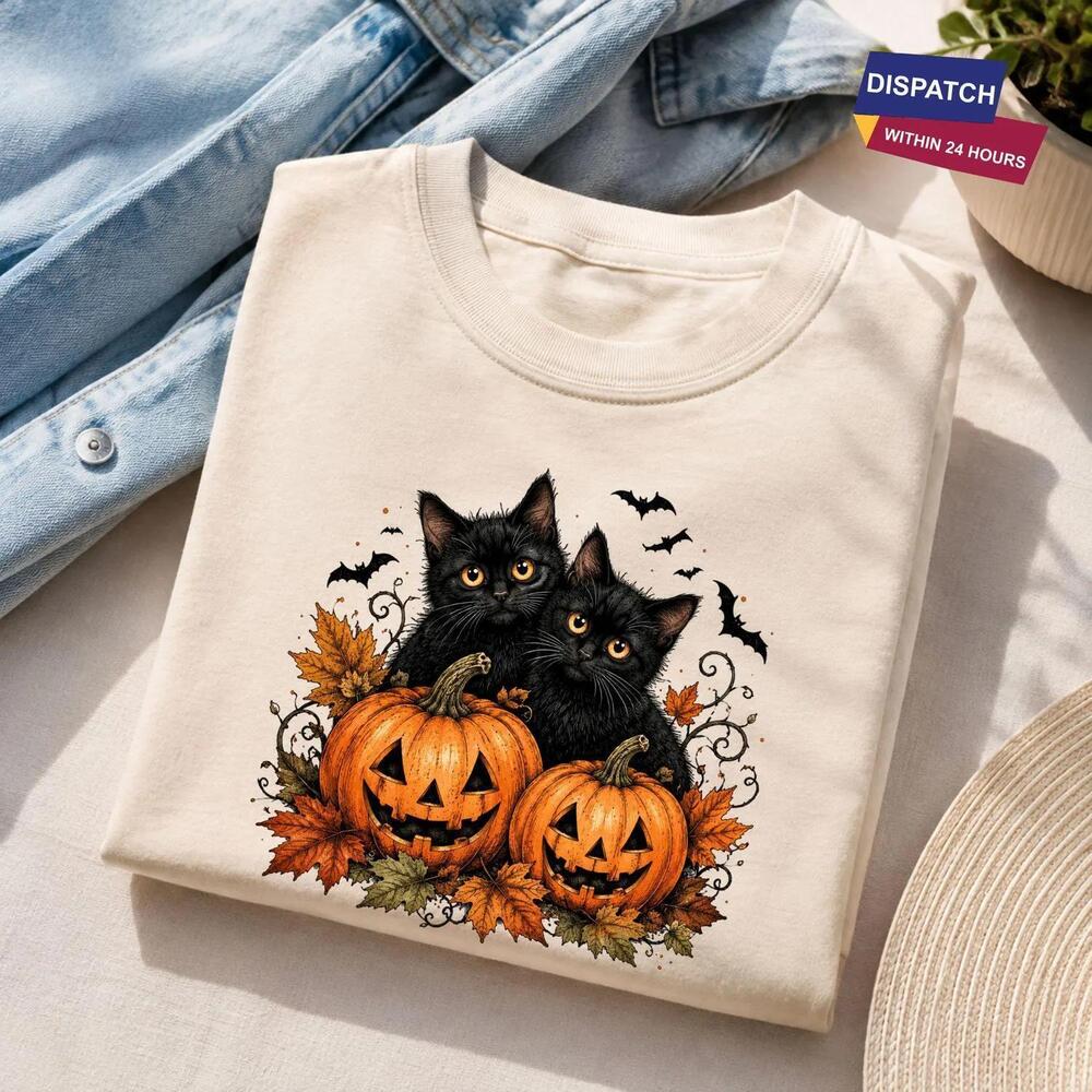 Black Cat Pumpkin Shirt, Halloween Cat Tee, Fall Black Cats Jack O Lantern